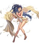  bangs bare_shoulders blue_eyes blue_hair book braid breasts cleavage covered_navel cuboon eyebrows_visible_through_hair fire_emblem fire_emblem:_seima_no_kouseki fire_emblem_heroes full_body highres holding holding_book long_hair long_legs looking_away medium_breasts non-web_source official_art one-piece_swimsuit open_mouth open_toe_shoes sandals shiny shiny_hair shiny_skin side_braid solo striped striped_towel swimsuit tana tied_hair torn_clothes torn_towel transparent_background twin_braids 
