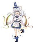 blue_eyes blue_skirt boots full_body haniwa_(leaf_garden) hat highres japanese_clothes kariginu long_hair long_sleeves looking mononobe_no_futo open_mouth ponytail ribbon ribbon-trimmed_sleeves ribbon_trim silver_hair skirt smile solo standing standing_on_one_leg tate_eboshi touhou wide_sleeves 