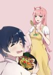  1girl apron bangs bigroll black_hair blush bowl breasts candy chinese_commentary collared_shirt commentary_request couple darling_in_the_franxx eyebrows_visible_through_hair fangs food green_eyes hair_ornament hairband hand_on_hip hetero highres hiro_(darling_in_the_franxx) holding holding_bowl holding_food honey horns long_hair long_sleeves looking_at_another medium_breasts noodles oni_horns open_mouth pink_hair pink_shirt ramen red_horns shirt short_sleeves sweatdrop white_hairband white_shirt wing_collar wooden_spoon yellow_apron zero_two_(darling_in_the_franxx) 