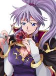  bad_source blue_eyes bracelet breasts cape cleavage doughnut elbow_gloves fire_emblem fire_emblem:_seisen_no_keifu fire_emblem:_thracia_776 fire_emblem_heroes food gloves gold_trim holding holding_food holding_knife ishtar_(fire_emblem) jewelry jpeg_artifacts knife large_breasts long_hair purple_hair rem_sora410 simple_background solo utensil white_background 