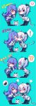  2girls :&lt; ? absurdres bbsucg belt bili_girl_22 bili_girl_33 bilibili_douga black_legwear blue_hair blue_neckwear blue_skirt blush chibi closed_eyes closed_mouth collared_shirt constricted_pupils eggplant eyebrows_visible_through_hair facing_another gloves hair_ornament heart heart_hands heart_hands_duo highres kiss long_hair multiple_girls necktie one_eye_closed open_mouth pantyhose parted_lips play_button red_eyes shirt short_hair short_ponytail side_ponytail skirt smile speech_bubble spoken_exclamation_mark spoken_heart spoken_question_mark tail thighhighs tongue tongue_out white_gloves white_skirt yuri 