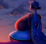  2018 altharch anthro avali big_breasts bluhcat breasts detailed_background digital_media_(artwork) feathers female fur hi_res huge_breasts hyper hyper_breasts nude ralaku ralena sitting sky solo sunset thick_thighs wings 