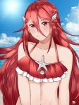  bare_shoulders fire_emblem fire_emblem:_kakusei fire_emblem_heroes hair_ornament long_hair looking_at_viewer maji_(majibomber) red_eyes red_hair red_swimsuit seashell shell solo starfish summer swimsuit tiamo 