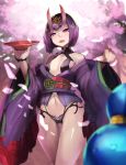  breasts cherry_blossoms cowboy_shot crossed_legs cup eyebrows_visible_through_hair eyeshadow fangs fate/grand_order fate_(series) gourd groin headpiece holding horns japanese_clothes kimono long_sleeves looking_at_viewer makeup navel obi oni oni_horns open_clothes open_kimono petals pink_pupils purple_eyes purple_hair purple_kimono sakazuki sash short_hair shuten_douji_(fate/grand_order) small_breasts solo standing straight_hair teeth thigh_gap thighs ton_(artist) watson_cross wide_sleeves 