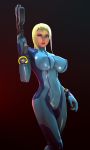  1girl 3d batesz blonde_hair blue_bodysuit blue_eyes bodysuit breasts cameltoe covered_navel gradient gradient_background gun handgun impossible_clothes large_breasts lips looking_at_viewer metroid nintendo parted_lips pistol red_background samus_aran solo standing weapon 