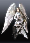  angel belt black_eyes black_footwear boots commentary earrings english_commentary full_body gradient gradient_background greaves grey_background holding holding_sword holding_weapon jewelry long_hair original sheath sheathed simple_background solo sword very_long_hair weapon white_wings wings zzinp 