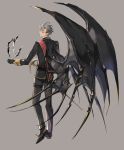  black_footwear black_gloves black_pants black_wings fantasy full_body glasses gloves grey_background grey_hair highres holding holding_staff long_sleeves looking_back magic male_focus original pants pointy_ears shoes simple_background staff standing thigh_strap wings zzinp 