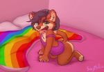  2018 anthro bed birchy bottomless butt clothed clothing colored_nails digital_media_(artwork) emo eyeshadow fur girly goth hair invalid_color looking_at_viewer makeup male mammal marten mustelid open_mouth piercing rainbow shirt skymafia smile solo tongue tongue_out 