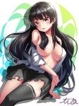  :o arm_at_side arm_support artist_name bangs bare_shoulders black_hair black_legwear black_skirt blunt_bangs blush breasts breasts_apart brown_hair collarbone eyebrows_visible_through_hair head_tilt highres isokaze_(kantai_collection) kantai_collection large_breasts legs_together long_hair looking_at_viewer miniskirt neckerchief no_bra off_shoulder open_clothes open_mouth open_shirt pleated_skirt shirt short_sleeves simple_background single_thighhigh sitting skirt soba_chatarou_(tita) solo thighhighs torn_clothes very_long_hair white_background white_shirt 