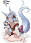  animal_ears barefoot blue_eyes blush commentary_request detached_sleeves fox_ears fox_tail granblue_fantasy hand_puppet highres long_hair n9+ open_mouth puppet silver_hair sitting socie_(granblue_fantasy) solo tail tail_wagging wariza white_background 