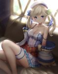  arm_strap bangs belt blonde_hair blue_eyes blue_ribbon blush breasts cleavage cucouroux_(granblue_fantasy) granblue_fantasy hair_ribbon hat indoors long_hair looking_at_viewer medium_breasts miniskirt mizya off_shoulder panties pantyshot pantyshot_(sitting) ribbon ribbon-trimmed_sleeves ribbon_trim sitting skirt smile solo twintails underwear white_hat white_panties 