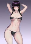  armpits arms_up ass_visible_through_thighs bangs bikini black_bikini black_hair breasts commentary_request contrapposto covered_nipples dead_or_alive hair_ribbon highres hime_cut johan_(johan13) large_breasts lips looking_at_viewer micro_bikini mole mole_under_mouth navel nyotengu purple_eyes ribbon solo standing strapless strapless_bikini swimsuit thighs 