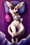  2018 adra anthro barefoot bedroom_eyes bottomless breasts canine caramel_iggy clothed clothing collar digital_media_(artwork) female fennec fox fur half-closed_eyes hi_res looking_at_viewer lying mammal mikyo&#039;s_panties navel nipples on_back pillow pink_nose plushie purple_eyes pussy seductive sheer_clothing short_stack signature skimpy slit_pupils smile solo translucent transparent_clothing transparent_topwear url watermark white_body white_fur 