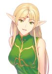 :d arms_behind_back bangs blonde_hair breasts deedlit elf eyebrows_visible_through_hair fateline_alpha green_eyes head_tilt highres jewelry long_hair looking_at_viewer medium_breasts open_mouth pointy_ears record_of_lodoss_war shirt simple_background smile solo upper_body very_long_hair white_background 