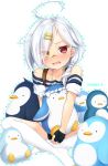  ahoge azur_lane bandaid bandaid_on_face collarbone downes_(azur_lane) eyes_visible_through_hair fang hair_ornament hair_over_one_eye hairclip heterochromia indian_style looking_at_viewer nnyara open_mouth silver_hair sitting stuffed_animal stuffed_penguin stuffed_toy thighhighs twitter_username white_legwear 