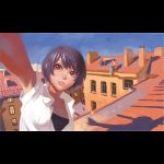  1girl black_eyes blue_sky breasts building cleavage closed_mouth commentary dress_shirt english_commentary ilya_kuvshinov lips original purple_hair reaching_out rooftop self_shot shadow shirt short_hair sitting sky 