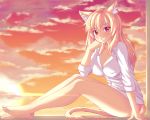  animal_ears barefoot blonde_hair breasts cat_ears cat_tail cloud dress_shirt eyebrows_visible_through_hair fast-runner-2024 highres large_breasts long_hair looking_at_viewer no_pants original panties pink_panties red_eyes shirt sitting slit_pupils smile solo sunset tail teeth tiffy underwear watermark web_address 