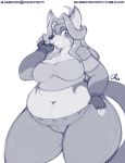  2018 5_fingers anthro belly big_belly big_breasts big_thighs blush breasts clothed clothing crop_top deep_navel digital_media_(artwork) female ferret fingerless_gloves gloves grin hair looking_at_viewer lori_(tach0012) mammal midriff monochrome mustelid navel nekocrispy overweight overweight_female pants shirt simple_background smile solo thick_thighs voluptuous white_background wide_hips 