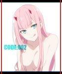  :q bangs border breasts collarbone darling_in_the_franxx eyebrows_visible_through_hair green_eyes hair_over_breasts head_tilt highres long_hair looking_at_viewer medium_breasts nude oni_horns pink_hair red_horns shizuku_tarou sidelocks smile solo straight_hair tongue tongue_out very_long_hair zero_two_(darling_in_the_franxx) 