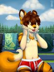  5_fingers absurd_res anthro bastion bench blep briefs brown_eyes brown_hair bulge cat clothing cub feline fur hair hi_res male mammal orange_fur outside public sitting sky solo teenager tongue tongue_out towel tree underwear white_fur young 