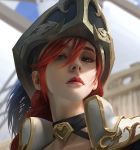  bangs blurry blurry_background choker closed_mouth cloud collarbone commentary english_commentary hair_between_eyes hat league_of_legends lejia_chan long_hair looking_at_viewer pirate_costume pirate_hat red_hair sails sarah_fortune ship shoulder_pads sky solo watercraft 
