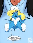  ambiguous_gender black_hair blonde_hair blue_eyes blue_skin breasts clothing duo english_text female hair humanoid lingerie looking_at_viewer mammal max_blackrabbit micro nipples not_furry_focus raven_hunt short_stack smurf smurfette solo_focus text the_smurfs tongue 