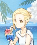  alternate_costume alternate_hairstyle bikini bikini_under_clothes blonde_hair closed_mouth cloud cloudy_sky collarbone commentary_request cup day drinking_glass drinking_straw elaine flower food fruit hibiscus holding holding_cup lemon lemon_slice looking_at_viewer nanatsu_no_taizai ocean outdoors red_flower shirt short_hair short_ponytail short_sleeves sky smile solo swimsuit t-shirt tao_(tao1805) tropical_drink white_shirt yellow_eyes 