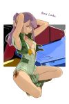  arms_behind_head bangs bare_arms bare_legs blunt_bangs breasts character_name commentary_request crossed_legs ebba gundam gundam_zz leotard long_hair looking_at_viewer mecha medium_breasts open_clothes ponytail purple_eyes purple_hair red_ribbon ribbon roux_louka sitting solo vest zipper 