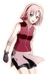  :d bangs bike_shorts black_gloves black_shorts collarbone cowboy_shot eyebrows_visible_through_hair gloves green_eyes hair_between_eyes haruno_sakura headband jacket looking_at_viewer nanji3 naruto naruto_(series) open_mouth pink_hair red_jacket short_hair short_shorts shorts simple_background sleeveless_jacket smile solo standing unzipped white_background zipper 