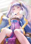  bangs bare_shoulders bow breasts chinese_clothes cleavage collarbone commentary_request cosplay dress euryale eyebrows_visible_through_hair fate/grand_order fate_(series) feet_out_of_frame hair_ornament hair_scrunchie halo hanfu head_tilt highres indoors kachayori long_hair looking_at_viewer medium_breasts no_panties off_shoulder pelvic_curtain purple_eyes purple_hair ribbon scrunchie sitting smile solo strapless strapless_dress twintails wu_zetian_(fate/grand_order) wu_zetian_(fate/grand_order)_(cosplay) yellow_scrunchie 