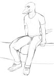  2018 anthro avian beak big_bulge bird black_and_white bulge clothed clothing corvid eyebrows footwear hi_res line_art looking_at_viewer male monochrome penis_outline pulsar raven roro_(character) shoes sitting sketch solo 