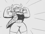 2018 :d abs big_breasts bovine breasts cleavage clothed clothing eyewear female flexing glasses grey_background hair horn looking_at_viewer mammal minotaur monochrome muscular muscular_female open_mouth pose simple_background smile solo standing sweater_pups_(artist) 