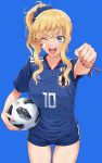  2018_fifa_world_cup :d adidas ball blonde_hair blue_eyes blue_scrunchie blue_shorts clenched_hand commentary cowboy_shot eyebrows_visible_through_hair facepaint highres holding holding_ball idolmaster idolmaster_cinderella_girls japan japanese_flag jersey logo long_hair nigou one_eye_closed ootsuki_yui open_mouth outstretched_arm ponytail scrunchie shirt short_shorts shorts sidelocks smile soccer soccer_ball soccer_uniform sportswear telstar_18 thigh_gap thighs wavy_hair world_cup 