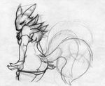  back_turned breasts butt canine digimon elbow_gloves female fox furry gloves mammal mingchee monochrome panties panties_down renamon ring sketch solo standing topless underwear undressing 