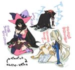  bandaged_arm bandages belt black_choker black_hair blonde_hair book breasts choker collarbone cosplay detached_sleeves dress eleanor_hume eleanor_hume_(cosplay) green_eyes hair_between_eyes hat long_hair magilou_(tales) magilou_(tales)_(cosplay) maka_(morphine) medium_breasts multiple_girls navel pointy_ears simple_background small_breasts smile tales_of_(series) tales_of_berseria thighhighs torn_clothes translation_request twintails underboob velvet_crowe velvet_crowe_(cosplay) very_long_hair white_background witch_hat yellow_eyes 