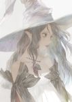  bangs bare_shoulders black_eyes black_hair closed_mouth commentary dress grey_background hair_between_eyes hat leaf long_hair matayoshi muted_color original pointy_ears simple_background solo upper_body white_dress white_hat witch witch_hat 