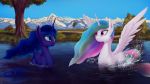  16:9 2018 detailed_background digital_media_(artwork) duo equine eye_contact feathered_wings feathers female feral friendship_is_magic hair hi_res horn long_hair mammal mountain multicolored_hair my_little_pony outside partially_submerged princess_celestia_(mlp) princess_luna_(mlp) quvr tree wallpaper water white_feathers winged_unicorn wings 