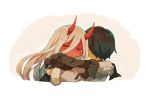  1girl black_cloak black_hair cloak closed_eyes coat commentary_request couple darling_in_the_franxx fur_trim grey_coat hetero hiro_(darling_in_the_franxx) hood hooded_cloak horns hug long_hair oni_horns parka pink_hair red_horns red_skin signature silver_hair tears tokuura winter_clothes winter_coat younger zero_two_(darling_in_the_franxx) 