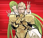  androgynous armor blonde_hair chin_grab closed_eyes collarbone commentary double_v earrings enkidu_(fate/strange_fake) eyebrows_visible_through_hair fate/grand_order fate/stay_night fate/strange_fake fate_(series) fingernails full_armor gilgamesh green_eyes green_hair grin hair_between_eyes jewelry long_hair male_focus motion_lines multiple_boys natsu_yasai parody red_background red_eyes robe shaded_face smile toga v very_long_hair white_robe 