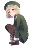  blonde_hair boots breast_pocket brown_footwear brown_legwear closed_mouth fate/grand_order fate_(series) from_side green_coat green_hat hat ikeuchi_tanuma light_brown_hair long_sleeves looking_at_viewer looking_to_the_side pantyhose paul_bunyan_(fate/grand_order) pocket short_hair simple_background smile solo squatting white_background 