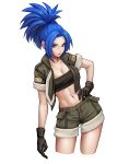  absurdres blue_eyes blue_hair breasts cleavage closed_mouth commentary ears_visible_through_hair english_commentary gloves green_gloves hand_on_hip highres jungon_kim leona_heidern long_hair looking_at_viewer navel short_sleeves shorts solo the_king_of_fighters thighs 