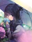  bangs black_hair blue_flower blurry blush borrowed_character day depth_of_field flower grey_jacket highres holding holding_flower hood hood_down hooded_jacket hydrangea jacket long_sleeves menhera original outdoors pomu purple_flower school_uniform serafuku sleeves_past_wrists solo umbrella 