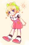  1girl android bent_over blonde_hair blue_eyes blush bow capcom dress green_bow hair_bow hair_ornament high_ponytail hod_down hood hooded_dress long_hair ponytail red_dress red_footwear rockman_11 rockmanrockman_(classic) roll shoes smile solo tentokki zipper_pull_tabfull_body 