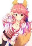  :q animal_ear_fluff animal_ears black_legwear black_scrunchie breasts casual cleavage fate/extra fate_(series) fox_ears fox_tail hair_ornament hair_scrunchie large_breasts leaning_forward looking_at_viewer maruchan. partially_unzipped pink_hair scrunchie short_shorts shorts simple_background smile solo standing striped striped_jacket tail tamamo_(fate)_(all) tamamo_no_mae_(fate) thighhighs tongue tongue_out v v_over_eye white_background yellow_eyes 