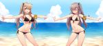  absurdres armband ass_visible_through_thighs bangs beach bikini black_bikini blue_sky bow breasts brown_hair cleavage closed_eyes closed_mouth cloud collared_vest commentary_request contrapposto day embarrassed eyebrows_visible_through_hair front-tie_bikini front-tie_top girls_frontline hair_bow highres horizon large_breasts long_hair looking_at_viewer multiple_girls narynn navel ocean open_mouth outdoors outstretched_arms outstretched_hand purple_eyes scar scar_across_eye short_hair side-tie_bikini side-tie_bottom side_ponytail sidelocks sky small_breasts smile standing strap_gap string_bikini swimsuit twintails ump45_(girls_frontline) ump9_(girls_frontline) very_short_hair water wet wet_hair 