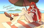  bare_shoulders beach bikini day feet fire_emblem fire_emblem:_kakusei fire_emblem_heroes hair_ornament high_heels long_hair looking_at_viewer open_mouth parasol red_eyes red_hair red_swimsuit sandals shell solo starfish streyah summer swimsuit thighs tiamo umbrella 