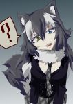  :d ? animal_ears bad_id bad_pixiv_id black_hair black_jacket blazer blue_eyes breast_pocket breasts buttons commentary_request eri_(yangyang_nickbow) eyebrows_visible_through_hair fang fur_collar green_hair grey_neckwear grey_skirt grey_wolf_(kemono_friends) hair_between_eyes head_tilt heterochromia highres jacket kemono_friends long_hair long_sleeves looking_at_viewer multicolored_hair necktie open_mouth plaid plaid_neckwear plaid_skirt pocket skirt slit_pupils smile solo spoken_question_mark tail two-tone_hair upper_body wolf_ears wolf_girl wolf_tail yellow_eyes 