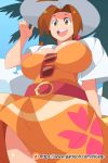  1girl ahoge anime beach belt breasts brown_eyes brown_hair cleavage comic draw drawing dress fanart fungirl glasses hanako_(pokemon) happy hat highres large_breasts nisego niseworks open_mouth orange_dress pokemon sky smile solo standing sun sunglasses sunny tree 