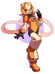  adapted_costume black_gloves blue_eyes blush bodysuit commentary english_commentary full_body gloves headgear helmet leg_up looking_to_the_side nana_(rockman) open_mouth orange_footwear pink_hair rockman rockman_exe rockman_x rockman_x_command_mission shoes simple_background smile solo standing standing_on_one_leg tentokki 