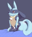  all_fours anthro bed blue_fur blush celescario fangs fur looking_down lucario male nintendo nude pok&eacute;mon pok&eacute;mon_(species) precum red_eyes simple_background solo spikes video_games yellow_fur 